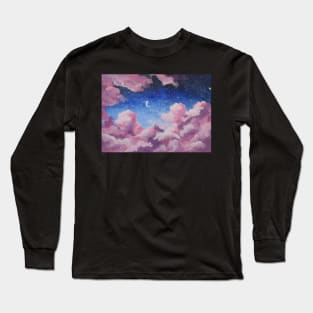Galaxy Sky Pink Clouds Night Sky Moon Stars Long Sleeve T-Shirt